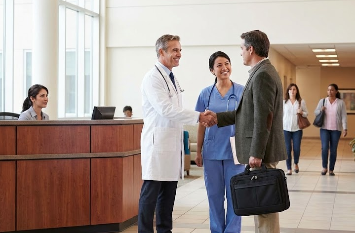 Turkish doctor welcoming patient at clinic