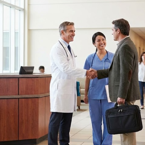 Turkish doctor welcoming patient at clinic
