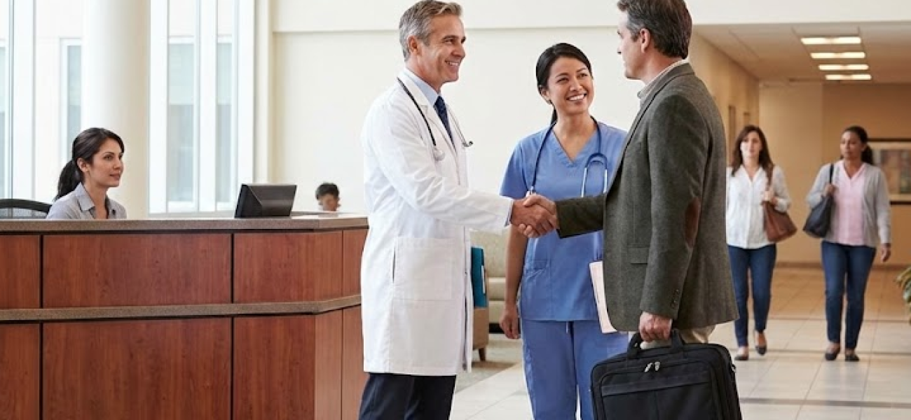 Turkish doctor welcoming patient at clinic